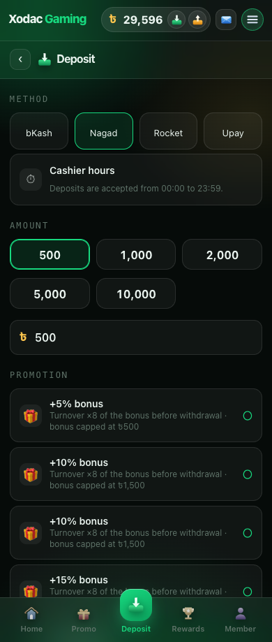 The deposit screen, showing bonus options with their turnover requirement